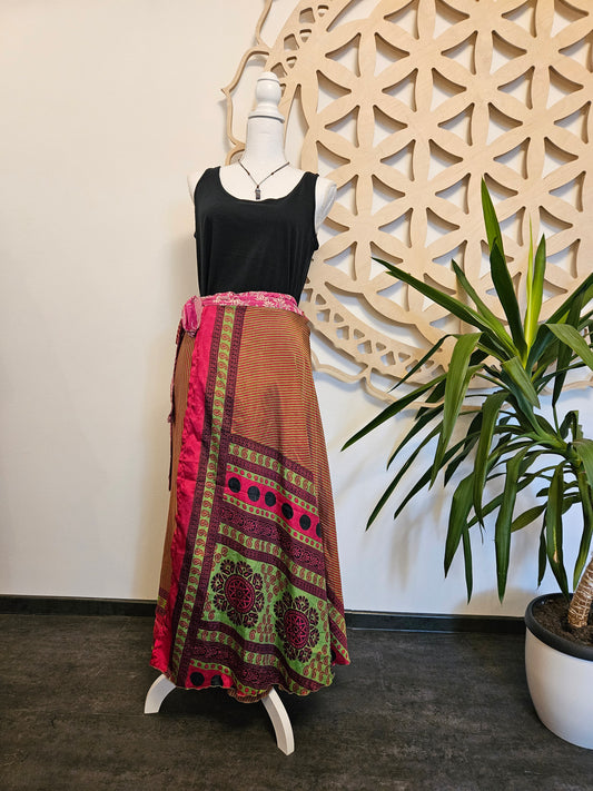 Shakti Reversible Skirt – Recycled Sari Silk BROWN - PINK - GREEN