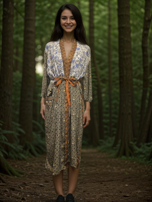 Svileni kimono boginje Venere - recikliran sari RJAVO-SIV